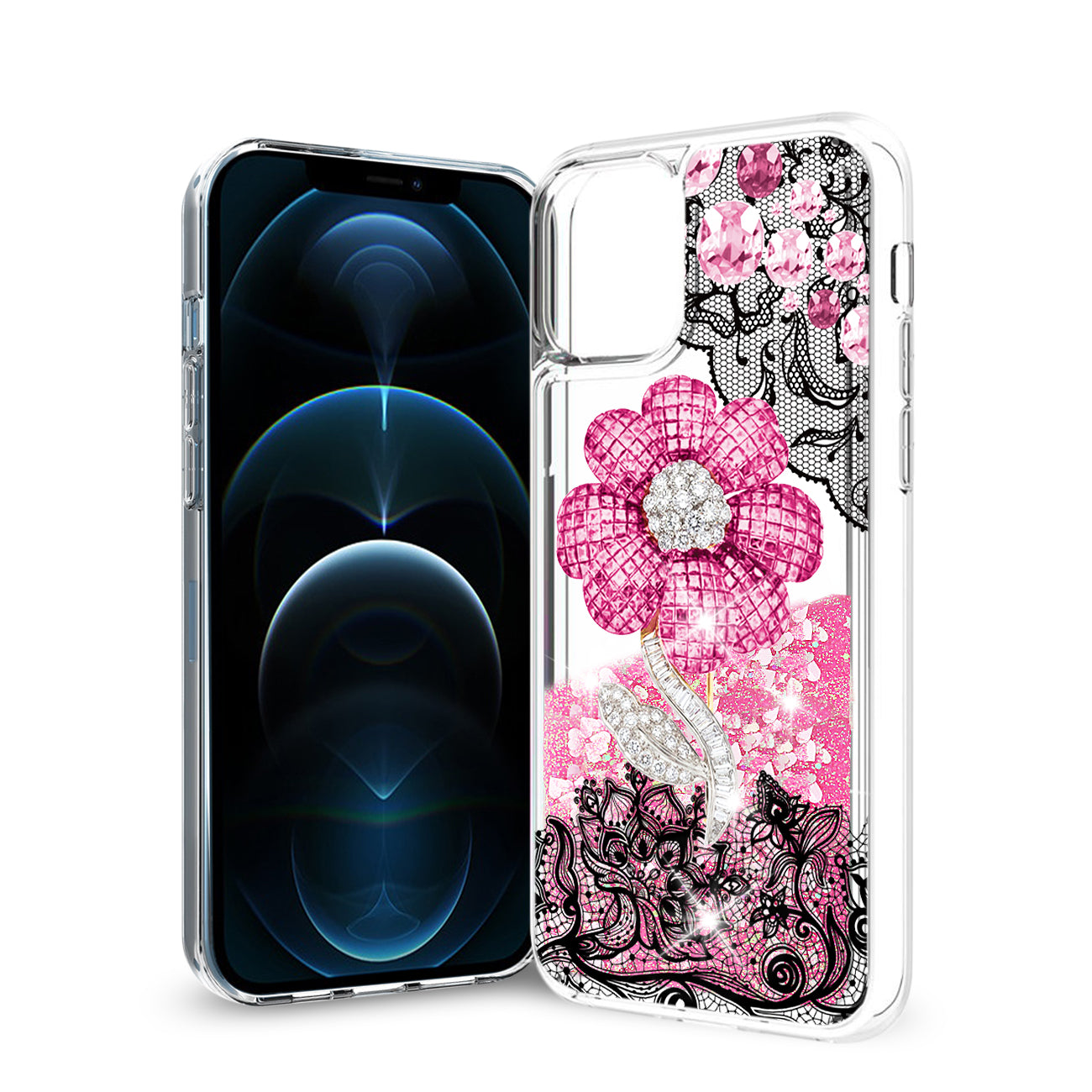 Reiko iPhone 12 / 12 Pro Glitter Case Moving Quicksand Pink Floral